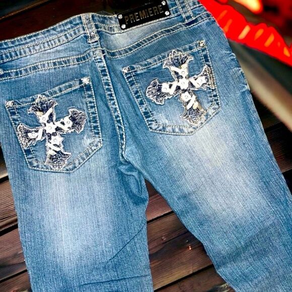 Rue21 Jeans Bootcut Premiere Embellished Cross 5 Pocket Distressed Denim 7/8 Y2K - Picture 14 of 16